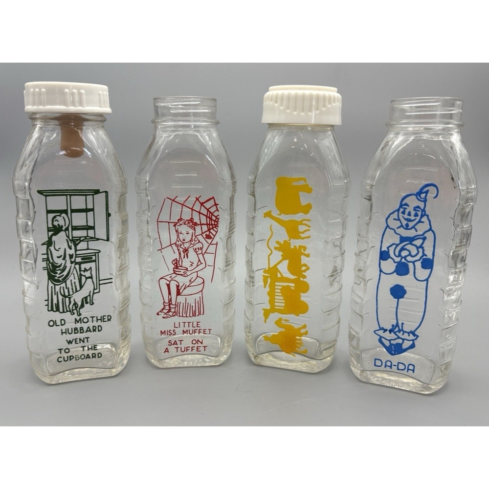 Vintage Samuel Callet glass baby bottles Mother Hubbard Muffett Da-Da animals VG